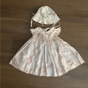 Fleurisse baby girl white pink butterfly print dress with smocking and sun hat